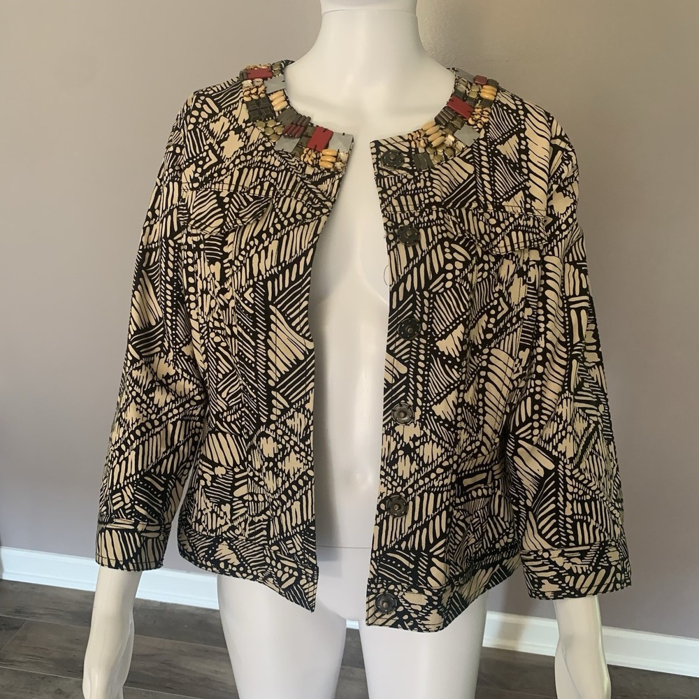 Ruby Rd Women's Jacket Black Beige 100% Cotton Size 14